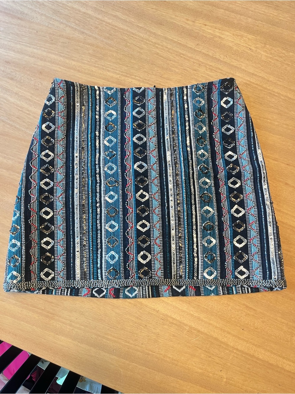 Patterned Blue Multi-Stripe Beaded Women's Mini Skirt